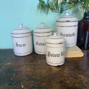 Set of four Vintage Enamel Canisters  White Stripe