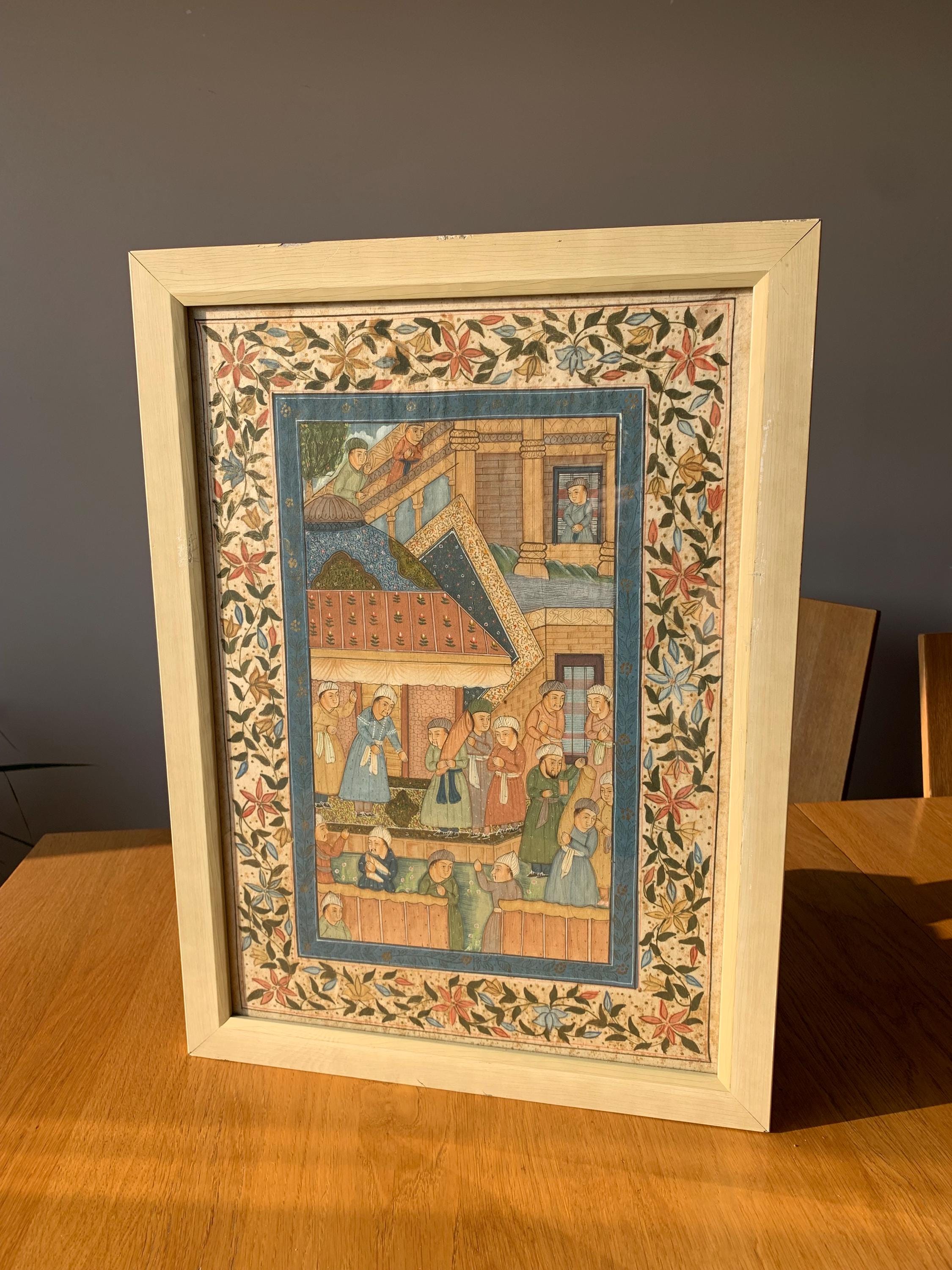 Vintage Indian Mughal Persian Islamic Large Painting with Framed