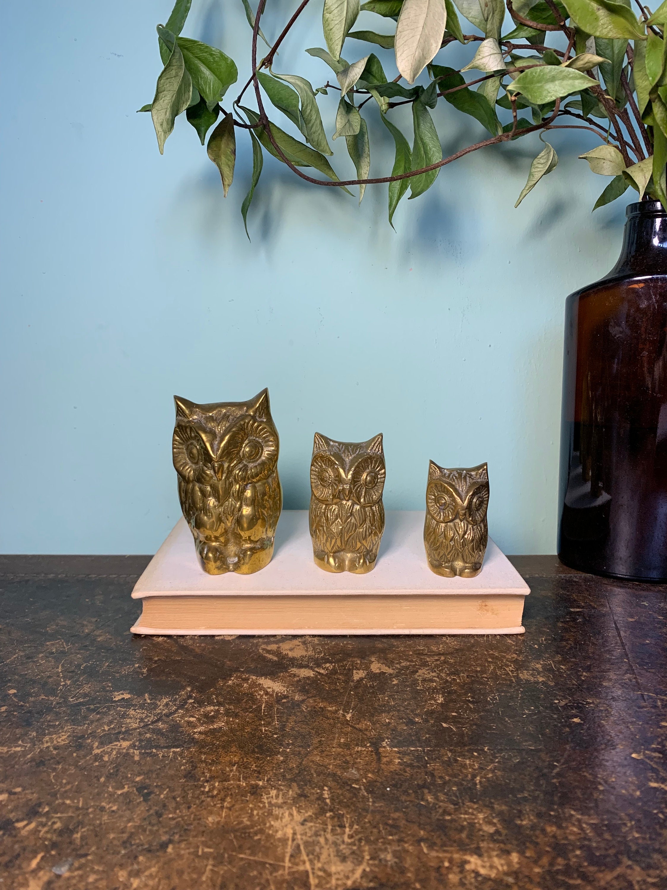 Vintage Golden Set of 3 Owls Family Figurines |Shabby Chic Statue - E-0