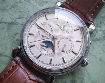 Vacheron Constantin: Patrimony Day-Date Moonphase in Silber und Weiß / Business-Armbanduhr für Herren und für Frauen / Reloj de pulsera unisex