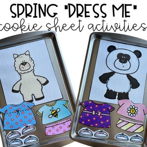 Puede incluir: Dos actividades de hoja de galletas para niños. Una presenta una llama con un vestido azul, una camisa amarilla con una abeja, pantalones cortos rosas y zapatos. La otra presenta un panda con un vestido morado con un lazo, una camisa rosa con una flor, pantalones cortos a rayas amarillos y rosas y zapatos.