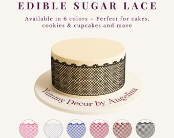 May include: A round cake with ivory frosting and black edible sugar lace around the sides. The cake sits on a white cake board with the text "Yummy Decor by Angelina". The image also shows six color options for the lace.