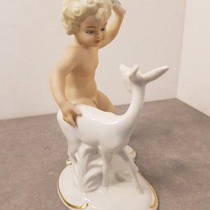WALLENDORF Porcelain Figure Cherub with deer Art Deco Vintage 20th original Germany Wallendorf 1953-58 Schaubach Kunst Putto image 5