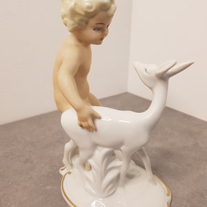 WALLENDORF Porcelain Figure Cherub with deer Art Deco Vintage 20th original Germany Wallendorf 1953-58 Schaubach Kunst Putto image 4