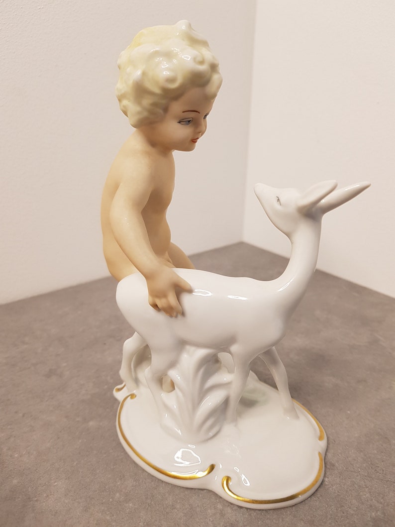 WALLENDORF Porcelain Figure Cherub with deer Art Deco Vintage 20th original Germany Wallendorf 1953-58 Schaubach Kunst Putto image 4