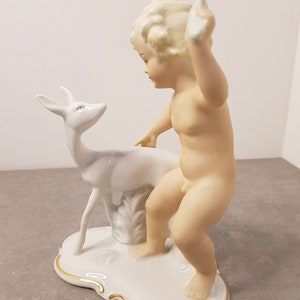 WALLENDORF Porcelain Figure Cherub with deer Art Deco Vintage 20th original Germany Wallendorf 1953-58 Schaubach Kunst Putto image 2