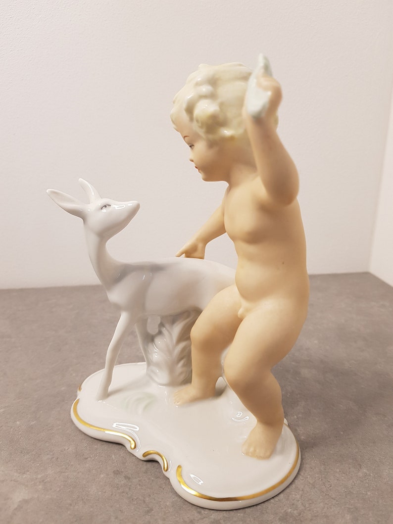 WALLENDORF Porcelain Figure Cherub with deer Art Deco Vintage 20th original Germany Wallendorf 1953-58 Schaubach Kunst Putto image 2