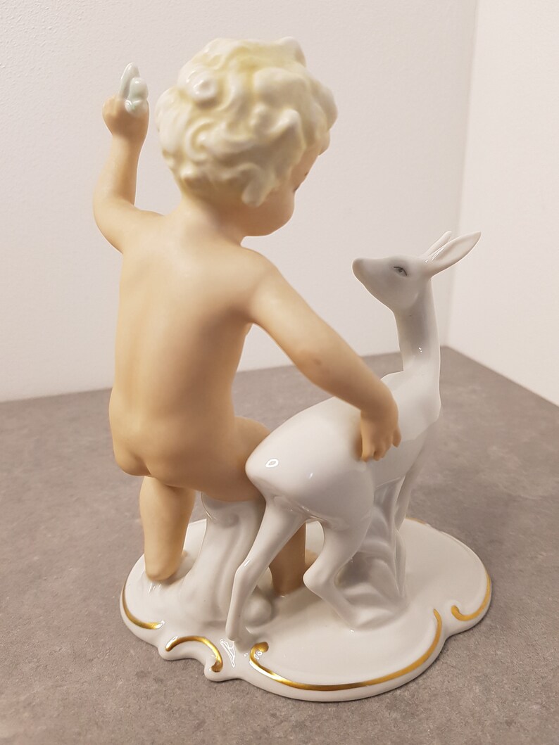 WALLENDORF Porcelain Figure Cherub with deer Art Deco Vintage 20th original Germany Wallendorf 1953-58 Schaubach Kunst Putto image 8