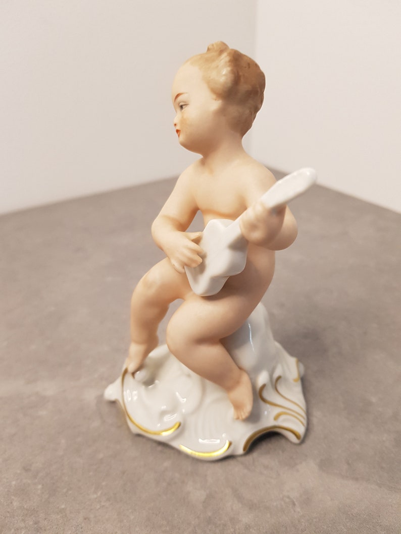 WALLENDORF Porcelain Figure Cherub with gitar Art Deco Vintage 20th original Germany Wallendorf Kunst Putto playing gitar image 7