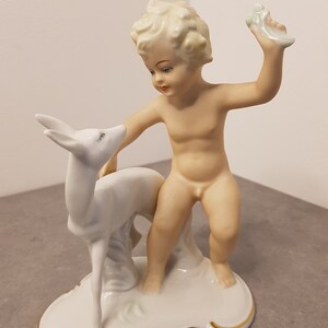 WALLENDORF Porcelain Figure Cherub with deer Art Deco Vintage 20th original Germany Wallendorf 1953-58 Schaubach Kunst Putto image 3