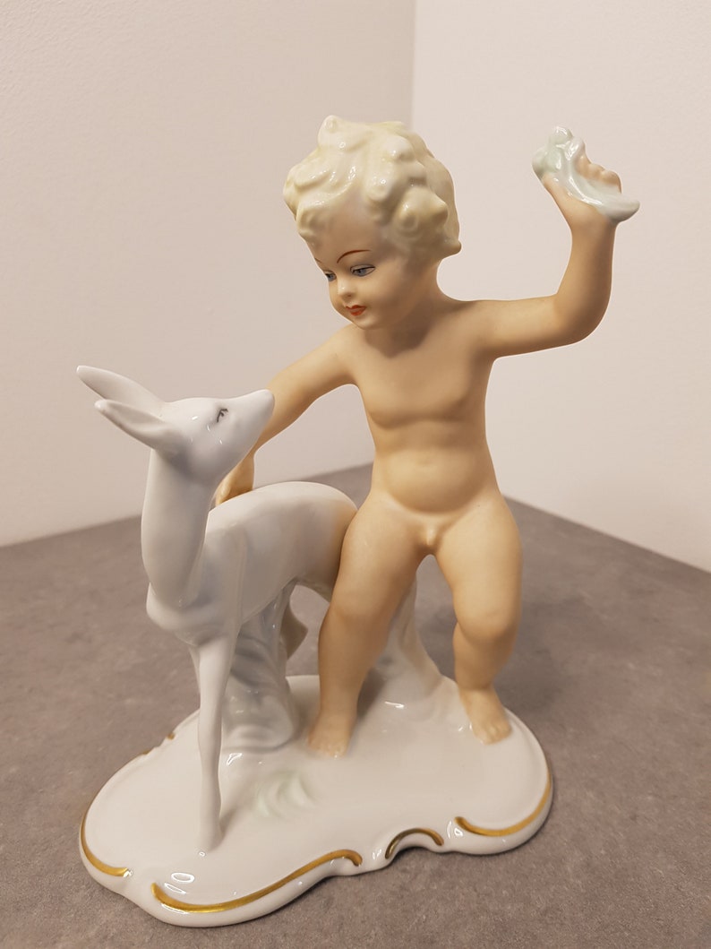 WALLENDORF Porcelain Figure Cherub with deer Art Deco Vintage 20th original Germany Wallendorf 1953-58 Schaubach Kunst Putto image 3