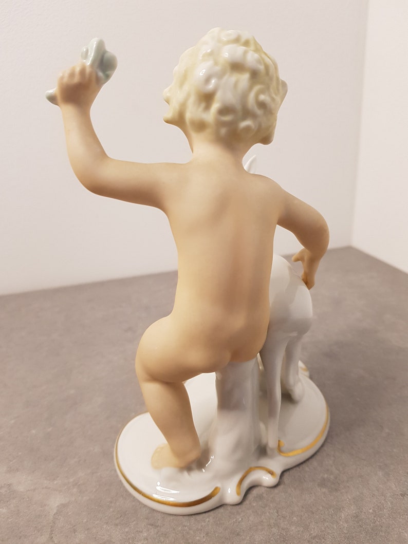 WALLENDORF Porcelain Figure Cherub with deer Art Deco Vintage 20th original Germany Wallendorf 1953-58 Schaubach Kunst Putto image 7