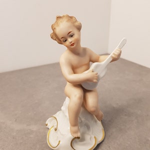 WALLENDORF Porcelain Figure Cherub with gitar Art Deco Vintage 20th original Germany Wallendorf Kunst Putto playing gitar image 1