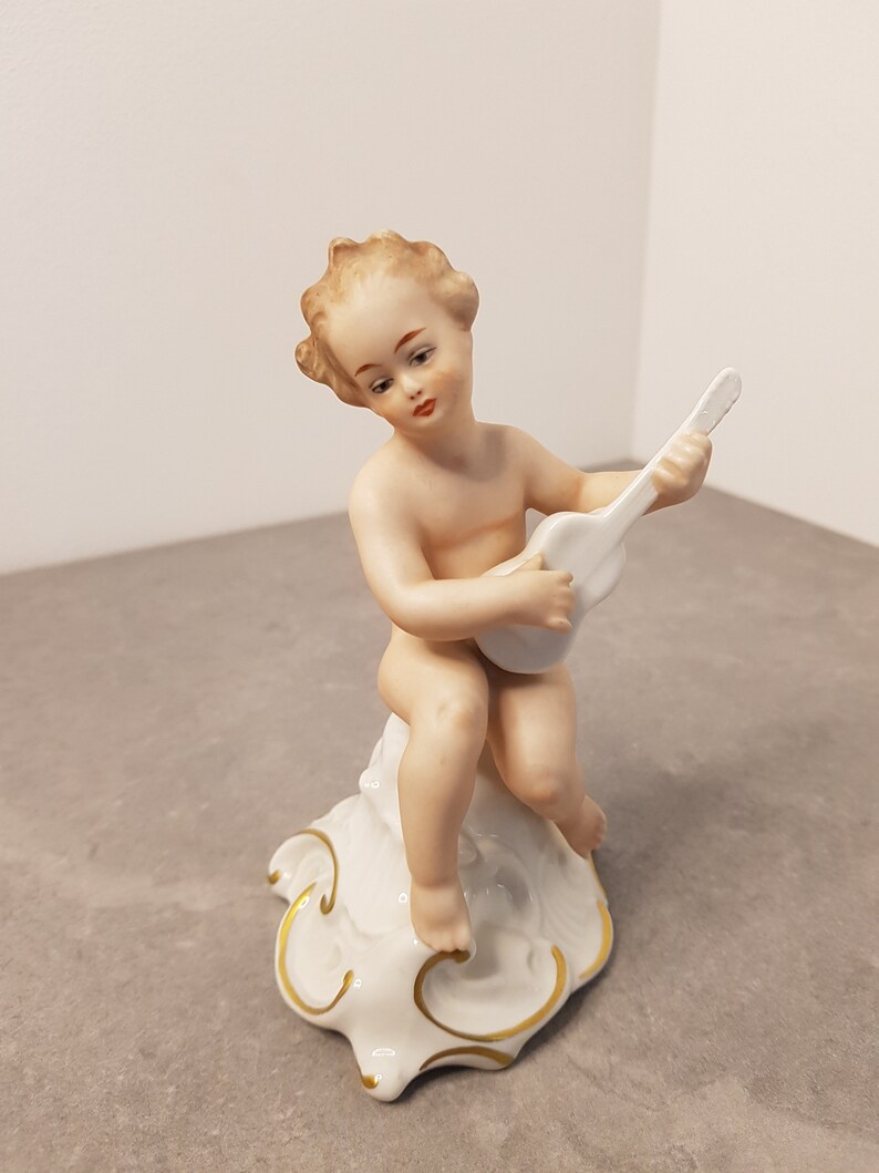 WALLENDORF Porcelain Figure Cherub with gitar Art Deco Vintage 20th original Germany Wallendorf Kunst Putto playing gitar image 1