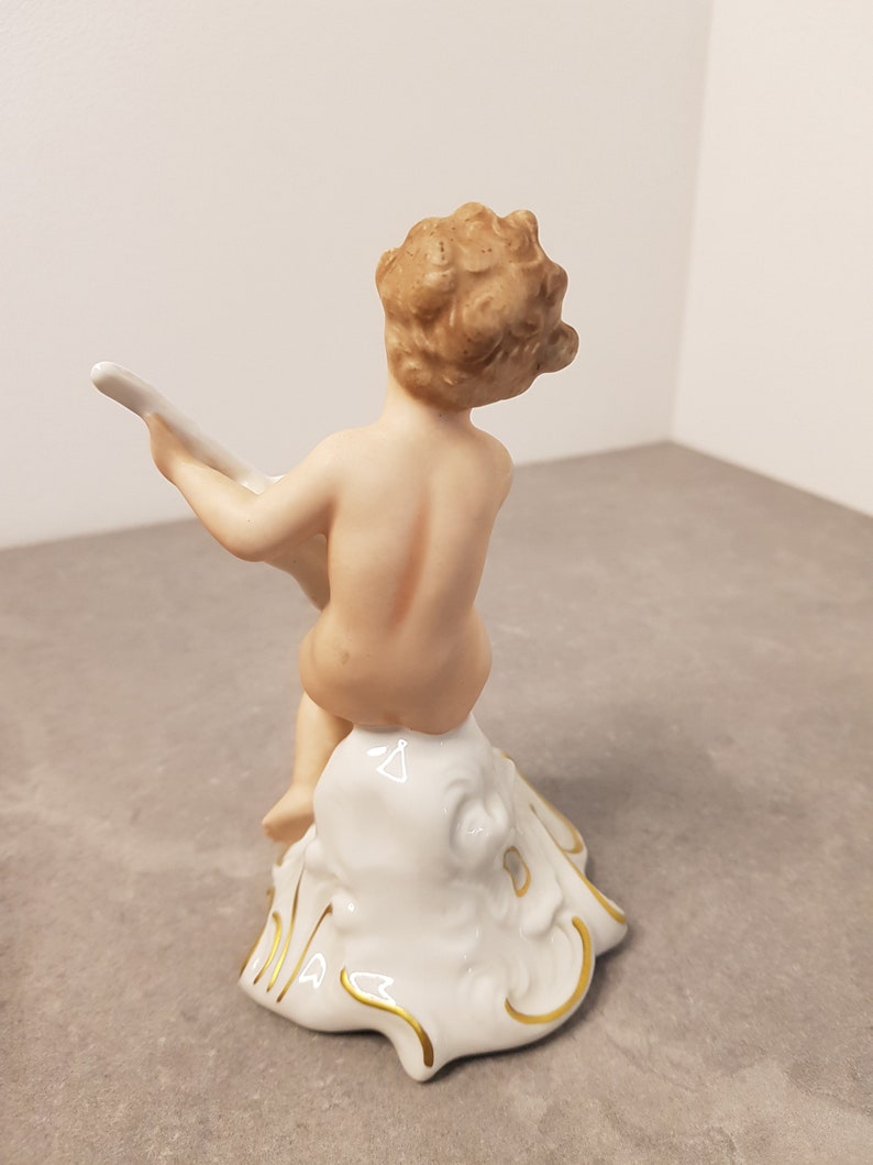 WALLENDORF Porcelain Figure Cherub with gitar Art Deco Vintage 20th original Germany Wallendorf Kunst Putto playing gitar image 5