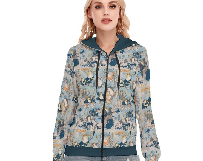 Samurai Frogs Vintage Japanese  Art Women's Long Sleeve Hoodie With Zipper