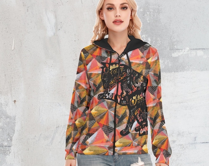 Black Cat Abstract Print Women's Long Sleeve Hoodie With Zipper
