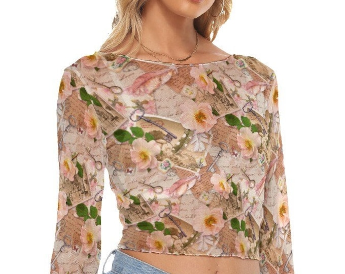 Romantic Floral Keys and Roses Women's Mesh Crop Top Long Sleeves up to 6XL