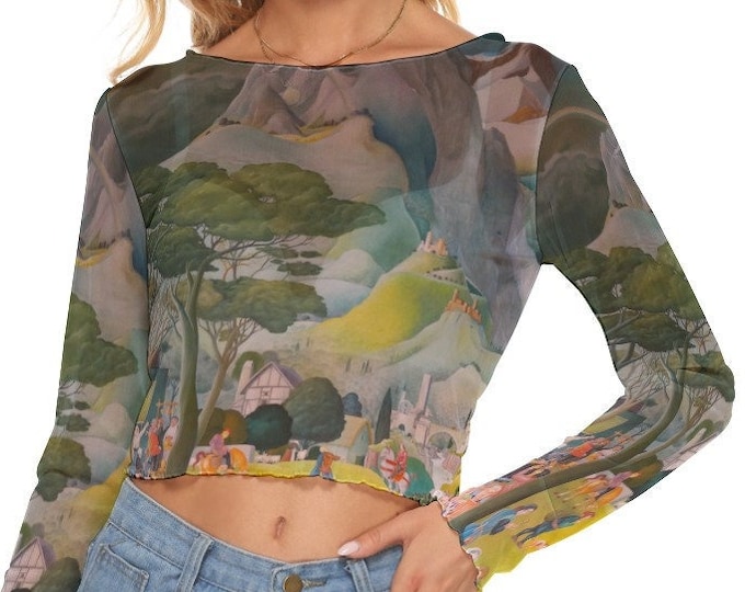 Medieval Art  Print Women's Mesh Top  Long Sleeves Crop and Classic Lengths up to 6XL