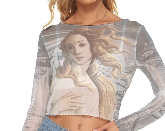 Renaissance Botticelli Venus and Inferno Women's Mesh Crop Top Long Sleeves up to 6XL