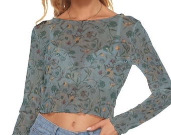 Medieval Floral Art Print Women&#39;s Mesh Crop Top Long Sleeves up to 6XL