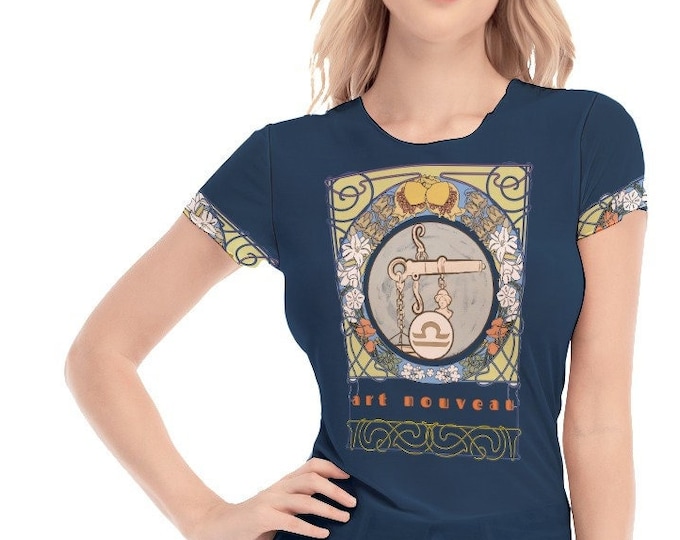 Libra Art Nouveau Alfonse Mucha  Art Women's Short Sleeve Mesh Tee-Shirt Blue and White