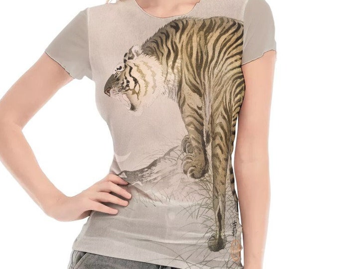 Vintage Tiger Japanese  Print Women's Short Sleeve Mesh Tee