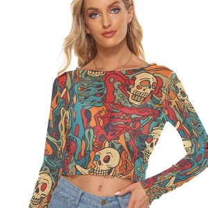 Y2K Skeleton Halloween/ Día De Muertos Women&#39;s Mesh Crop Top Long Sleeves Two Styles up to 6XL