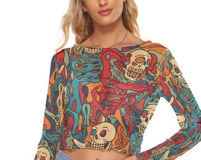 Y2K Skeleton Halloween/ Día De Muertos Women's Mesh Crop Top Long Sleeves Two Styles up to 6XL