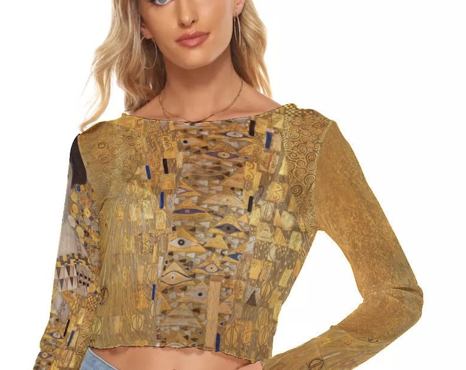 Klimt Golden Print Women's Mesh Crop Top Long Sleeves up to 6XL