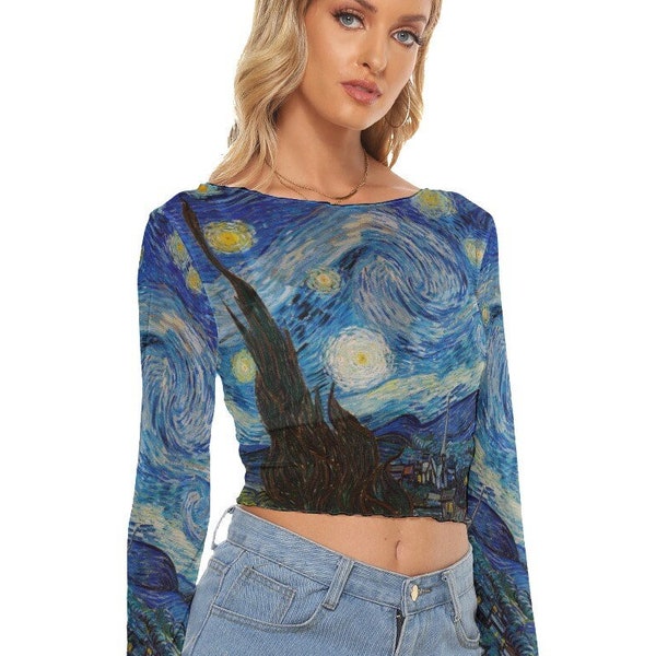 Van Gogh Sternennacht Damen Mesh Crop Top mit langen Ärmeln