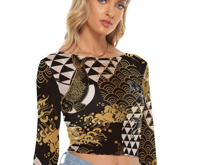 Japanese Art  Print Women's Mesh Long Sleeves Crop Top  and Classic Length up to 6XL