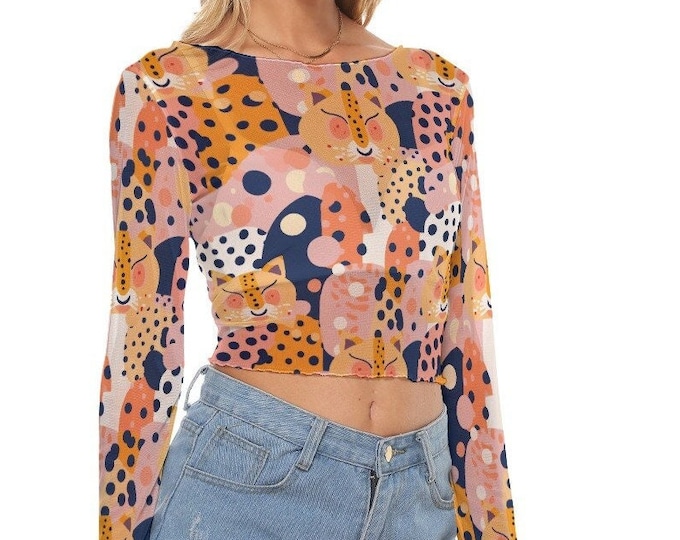 Neko The Kitten Women's Mesh Crop Top Long Sleeves up to 6XL