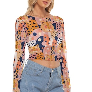 Neko The Kitten Women&#39;s Mesh Crop Top Long Sleeves up to 6XL