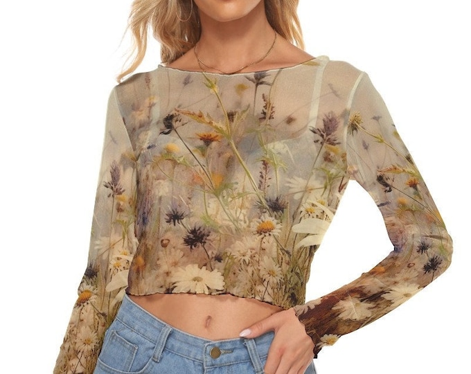 Wild Flowers Women's Mesh Crop Top  Long Sleeves Two Styles up to 6XL