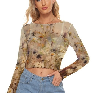 Wild Flowers Damen Mesh Crop Top mit langen Ärmeln zwei Stile bis 6XL