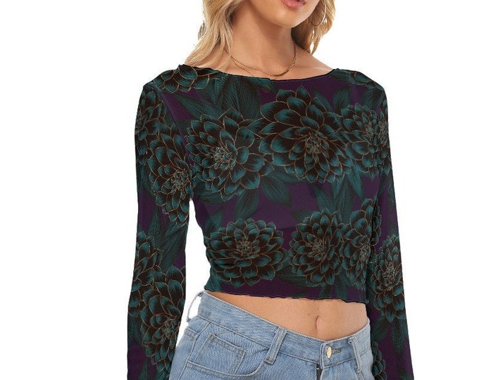Dark Peonies Floral Women's Mesh Crop Top Long Sleeves up to 6XL