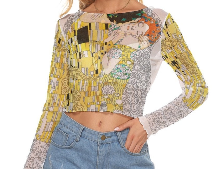 Klimt The Kiss Art Women's Mesh Crop Top  Long Sleeves up to 6XL