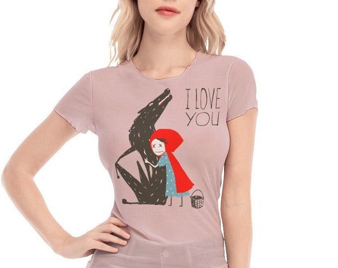 Red Riding Hood Fairy Tale Women's Mesh Tee-shirt Pink and Gray