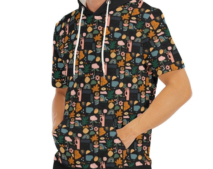 Happy Abstract Art Men's T-Shirt With Hood Black or White| 190GSM Cotton