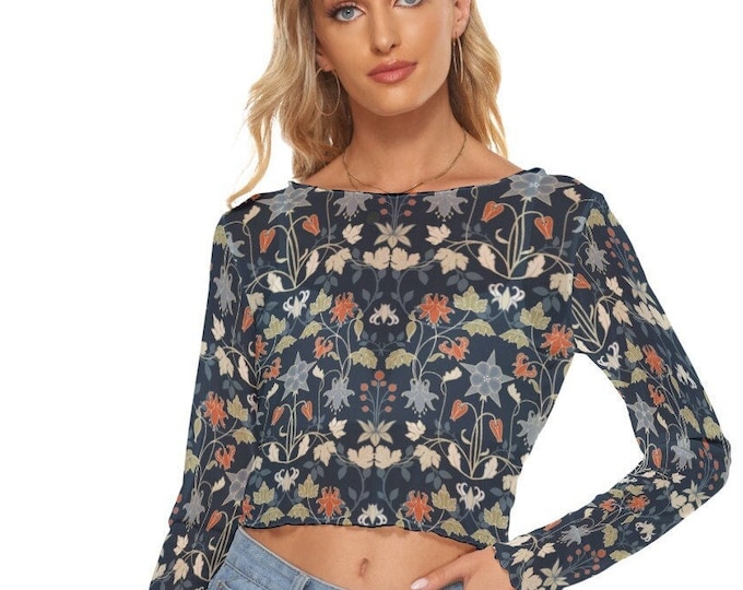 Victorian Pattern Dark Blue Graphic Print Women's Mesh Long Sleeves Crop Top up to 6XL