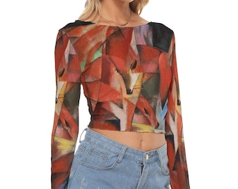 Red Foxes Abstract Print Women's Mesh Long Sleeves Crop Top