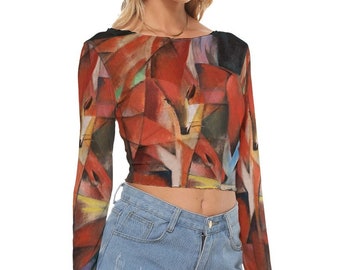 Top corto de malla de manga larga para mujer con estampado abstracto de zorros rojos, talla hasta 6XL