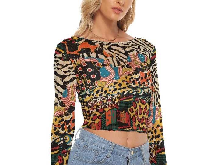 Animal Print Ethnic Woman's Mesh Crop Top Long Sleeves Various Patterns up to 6XL