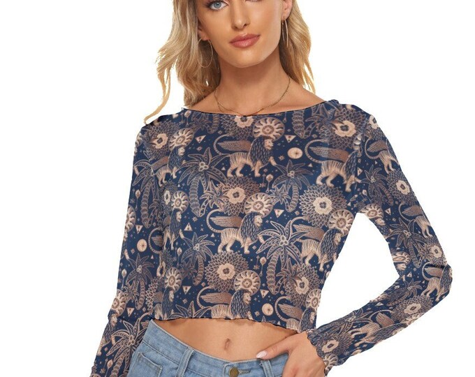 Fantasy Animals Vintage Pattern Women's Mesh Crop Top Long Sleeves Blue, Red and Black up to 6XL