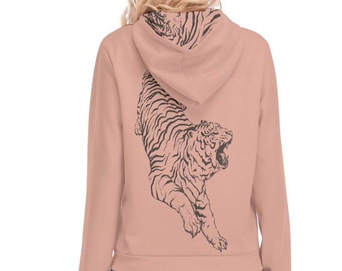 Pink Tiger Japanese Vintage Print Women's Long Sleeve Hoodie With Zipper