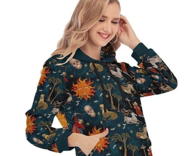 Medieval Astrology Hoodie: Celestial Skull Print, Slim Fit Pullover
