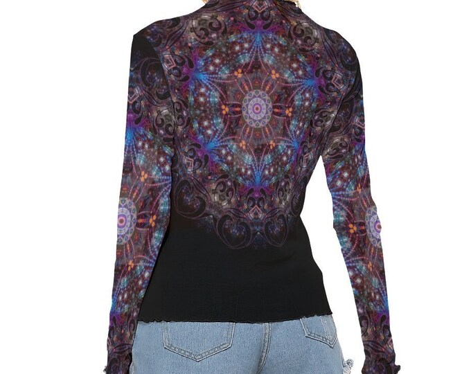 Yoga Spiritual Mandala Pattern Women's Mesh Sheer Top Long Sleeves up to 6XL