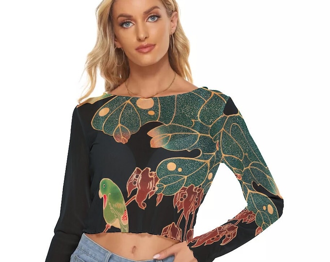Japanese Antique Painting Print Women's Mesh Crop Top Long Sleeves up to 6XL