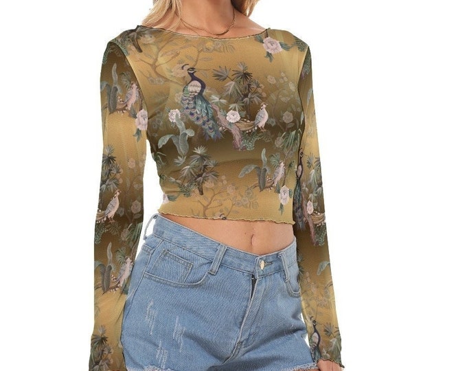 Peacock Victorian Art Print Women's  Mesh Crop Top Long Sleeves up to 6XL